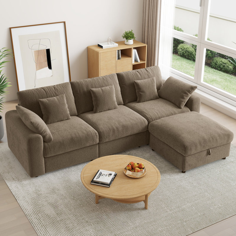 Canapé d'angle modulaire BedLuxury 110 po en chenille moderne avec pouf de rangement, Brown Chenille