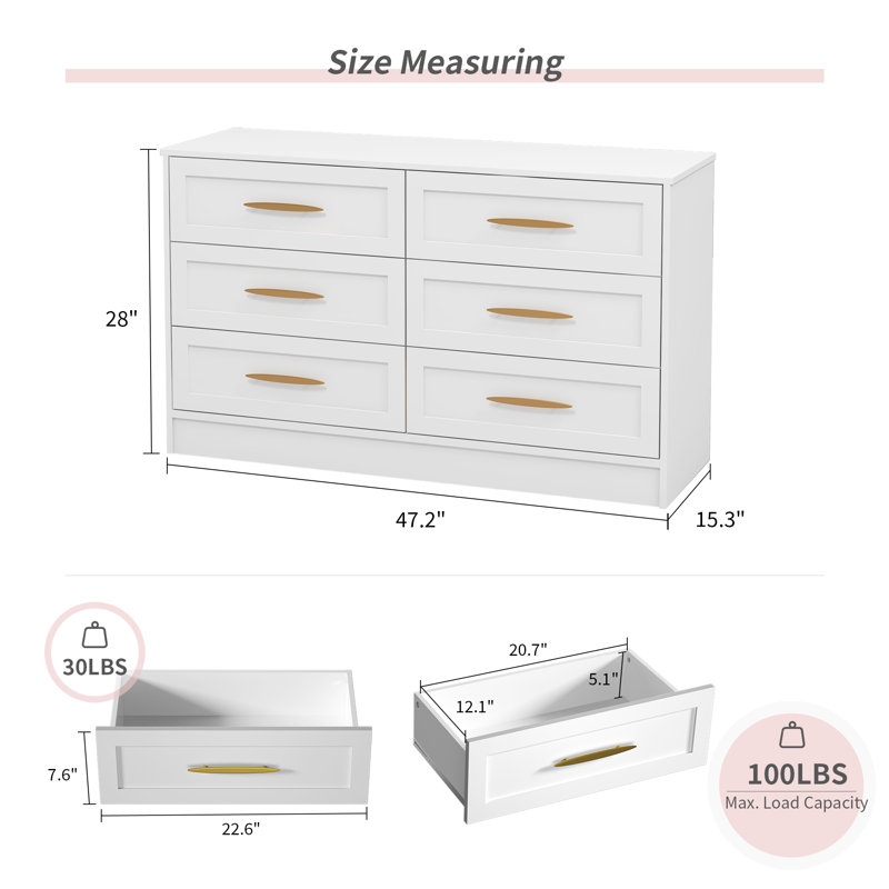 Aylissa 47.2'' W 6 - Drawer Dresser, White