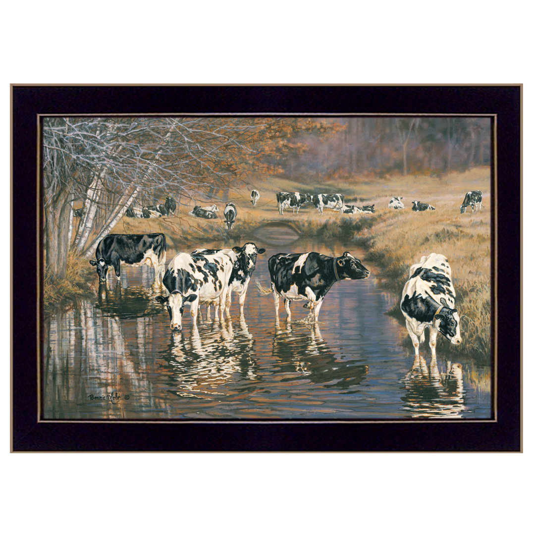 Fall Reflections (Holsteins in River) Framed Wall Art for Living Room Wall Decor by Bonnie Mohr August Grove®