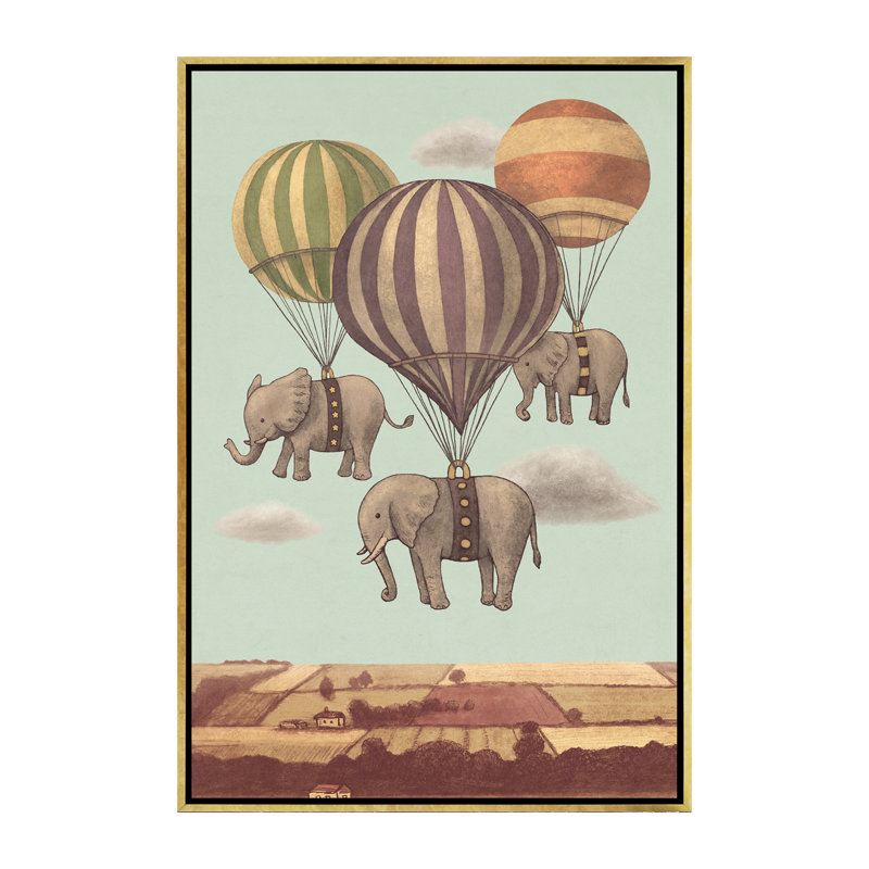 «Flight of the Elephants Mint» par Terry Fan - impression, H 60 po x l 40po x P 1,5 po, Toile encadrée d'or, Pas de tapis