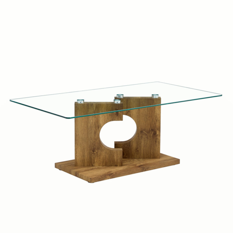 Glass Top Single Coffee Table, Natural Wood