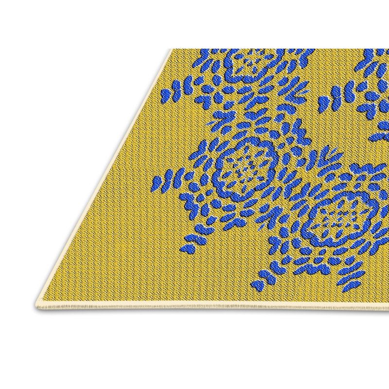 Tapis bleu/jaune à motifs, Rectangle 4 pi x 6 pi