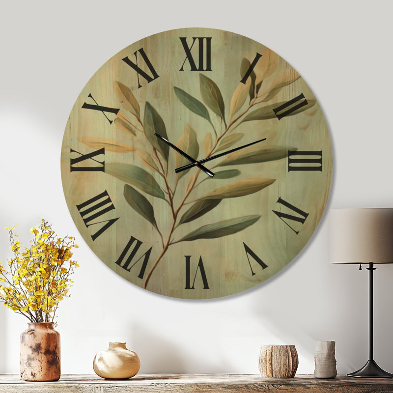 Horloge murale ronde botanique « Feuilles ensoleillées sur fond bleu I », imprimée sur bois, Très grand