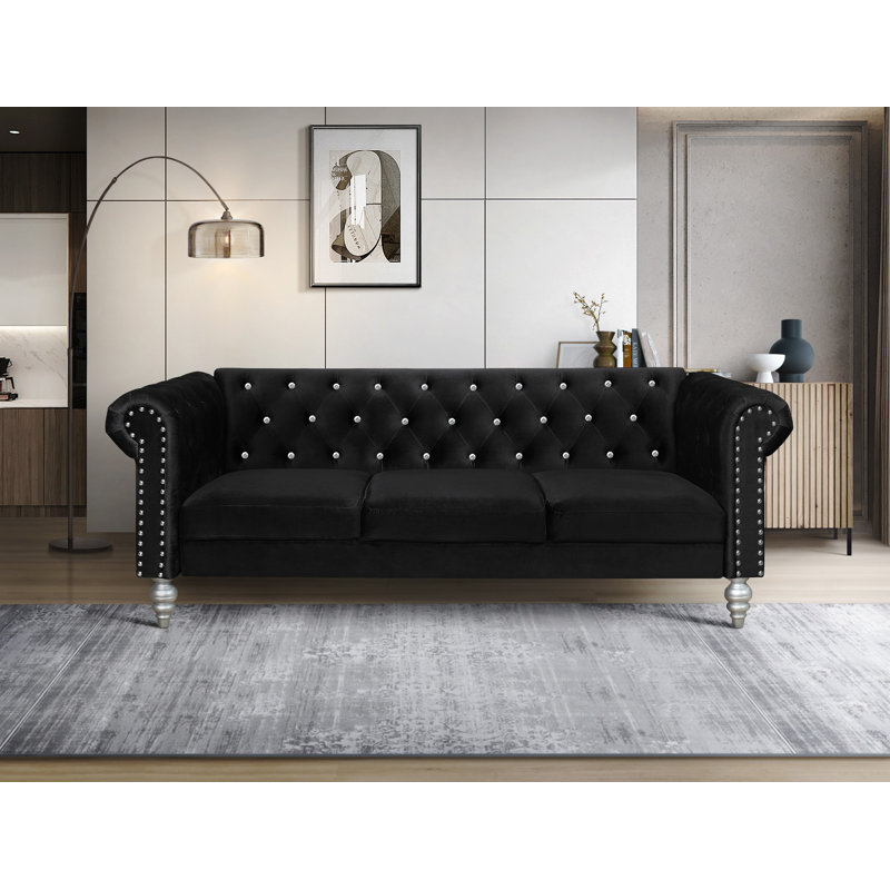 Jabarion 83.3'' Velvet Sofa, Black Velvet 