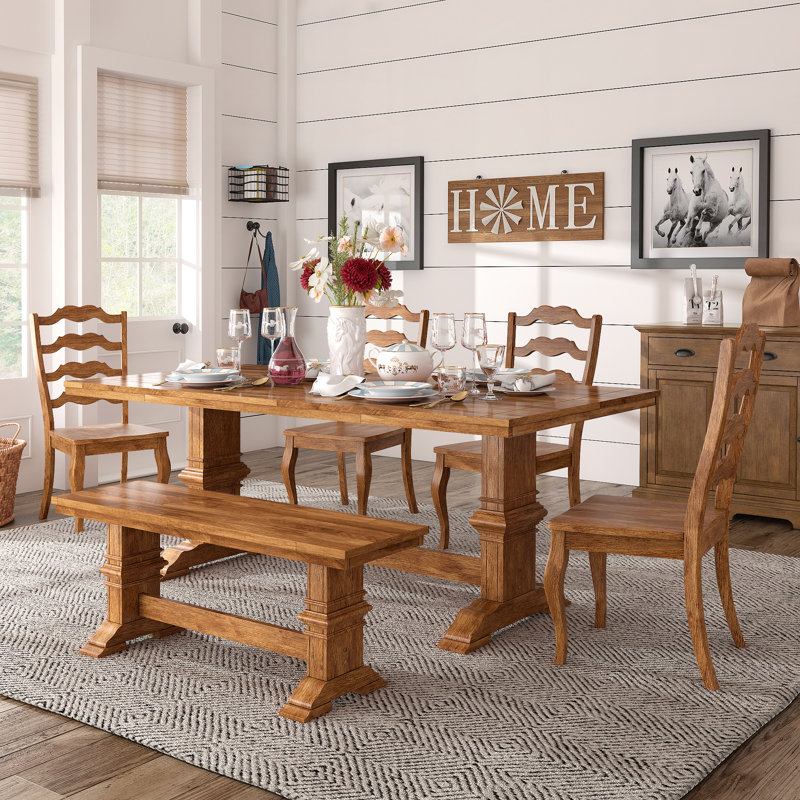Fortville 78" Solid Wood Oak Finish Top 7-Piece Dining Set With French Ladder Back Chairs, Oak, Oak