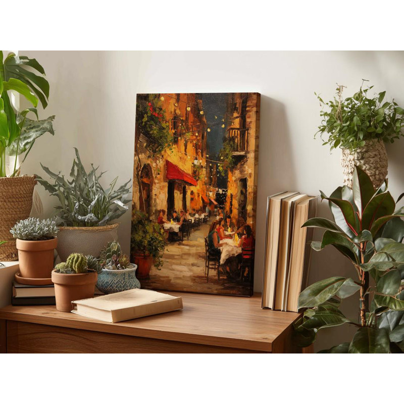 Impression sur toile romantique, allée italienne romantique, scène de café européenne impressionniste la nuit, art mural chaleureux pour la salle à manger, décor de restaurant toscan