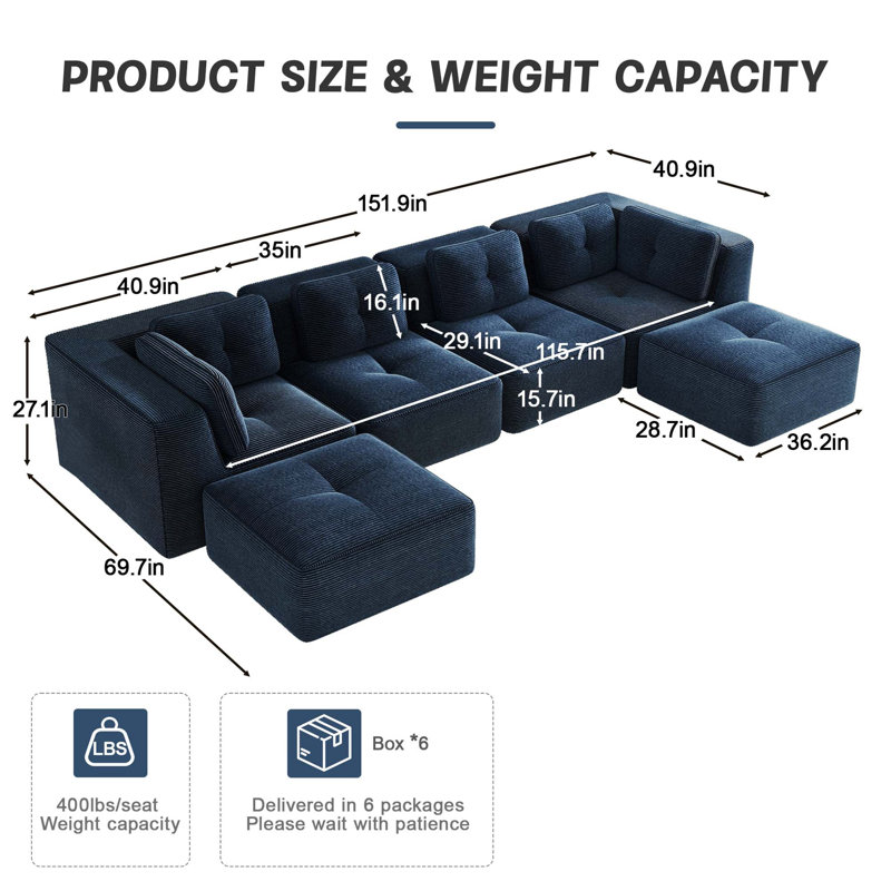 Canapé modulaire moderne avec assise profonde et aucun assemblage requis, H 27,1 po x l 151,9 po x P 69,7 po, Bleu