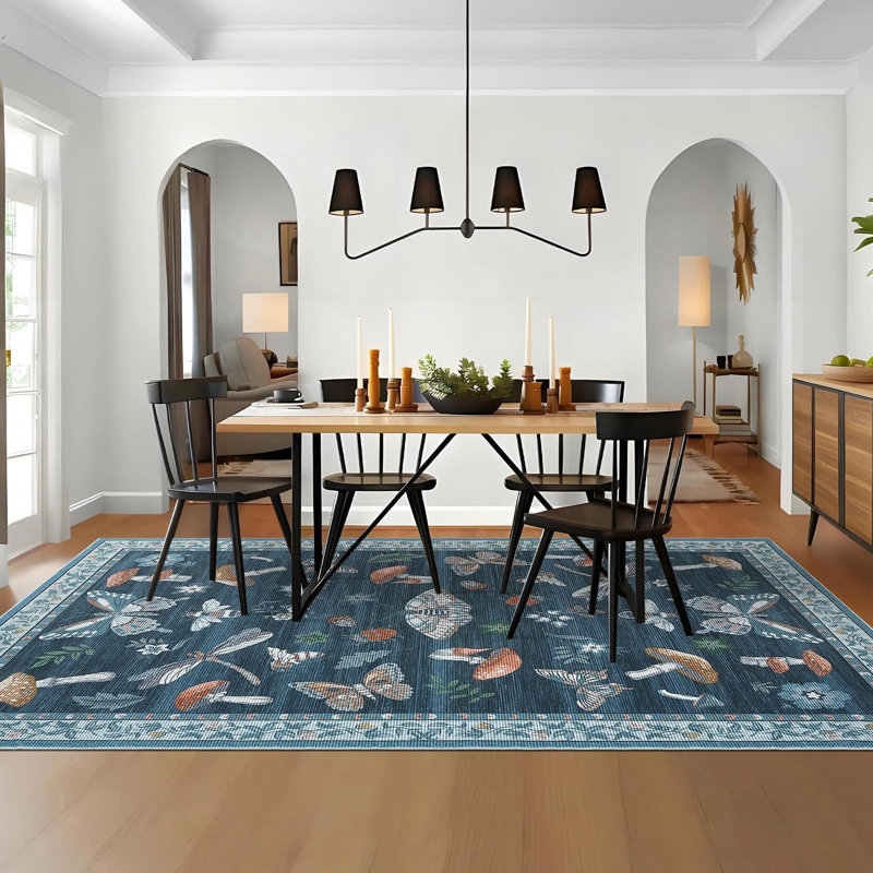 Rectangle Floral Washable Area Rug, Blue, 140*200cm