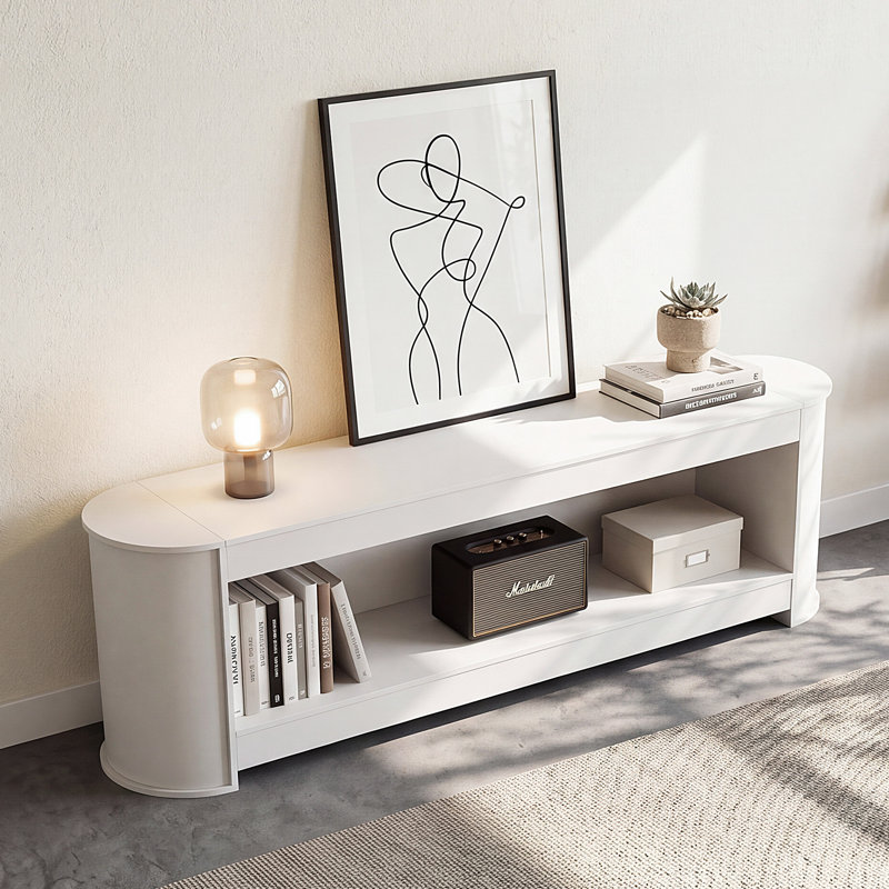 Meuble télé 79 po avec rangement ouvert, console latérale incurvée de 79 po pour le salon, meuble multimédia à profil bas
