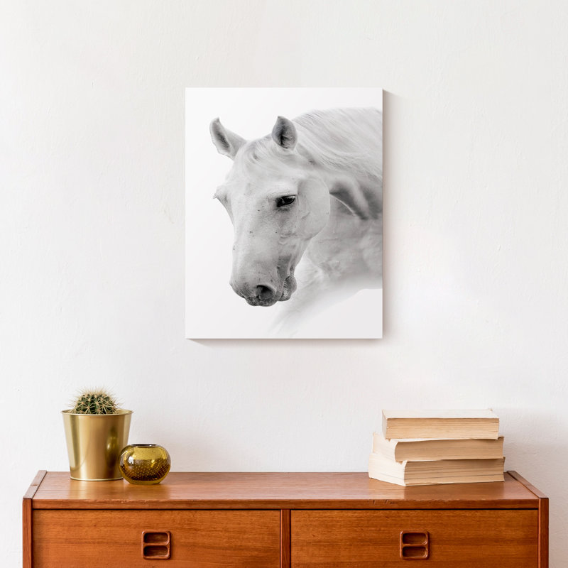 Cheval noir et blanc sur toile, H 14 po x l 11 po x P 1,25 po