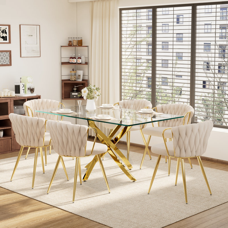 Ensemble de table à manger rectangulaire élégant pour 6 personnes, Beige, Doré, H 29,5 po x L 63 po x l 31,5 po