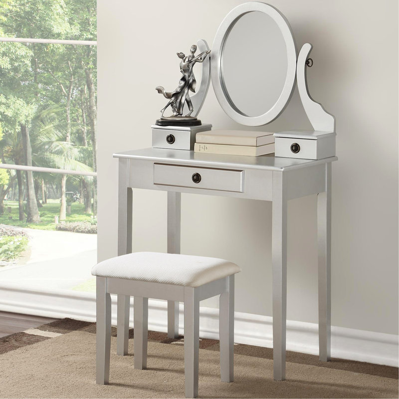 Wood Makeup Vanity In Silver Finish - 3 Storage Drawers, Adjustable Oval Mirror, Bedroom Furniture Table And Stool Wood, Drawer Storage, Mirror For Daily Beauty Routine