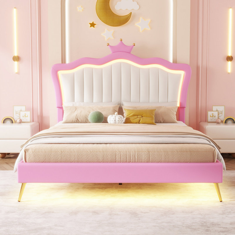 Structure de lit tapissier avec lumières DEL, lit princesse rembourré moderne avec tête de lit couronne