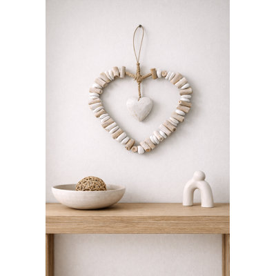 Driftwood & White Stone Heart Shaped Wall Decor Wreath – Handcrafted Coastal Wall Accent