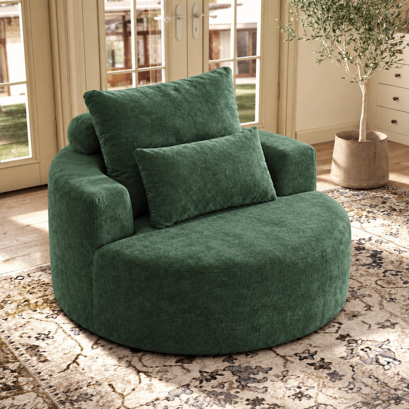 Fauteuil d'appoint surdimensionné en tonneau, canapé pivotant rond pivotant à 360 °, éponge haute résilience en chenille, siège large sans assemblage