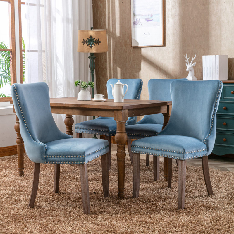 Velvet Tufted Wingback Dining Chairs with Nailhead Trim Upholstered Solid Wood Chairs for Kitchen, Bedroom, or Dining Room