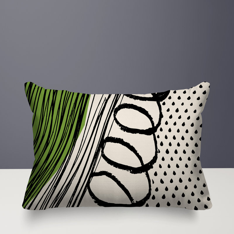 Oreiller rectangulaire réversible intérieur / extérieur Toba, Chartreuse / noir / blanc cassé, H 14 po x l 20 po