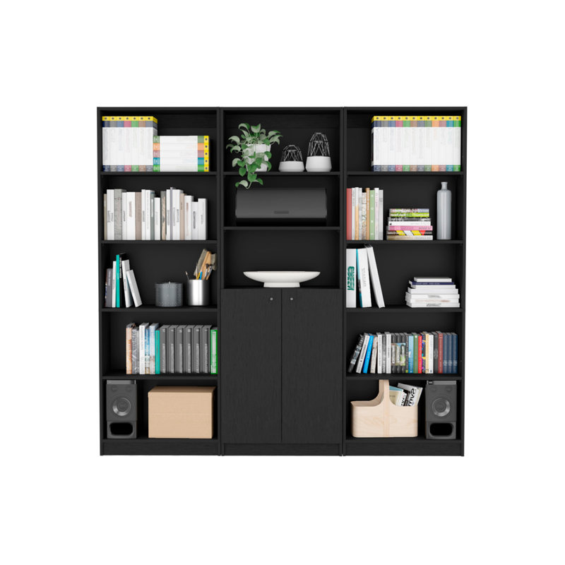 Charlotte Manufactured Wood Bookcase with Cabinets and Open Shelves, Large Storage Bookshelf for Living Room and Office – Black