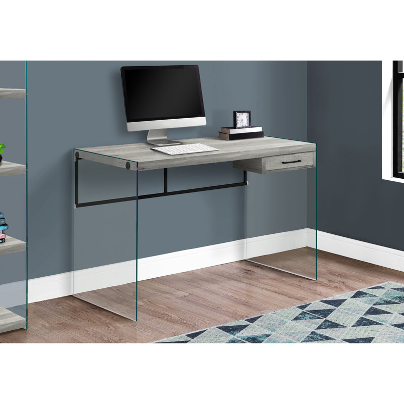Table de bureau moderne avec rangement, l 48 po, stratifié gris, tiroir en verre trempé transparent l 48 po