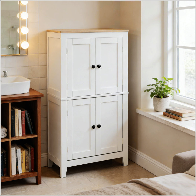 Armoire de salle de bain spacieuse blanche avec tablettes réglables et conception anti-basculement, parfaite pour le rangement organisé.