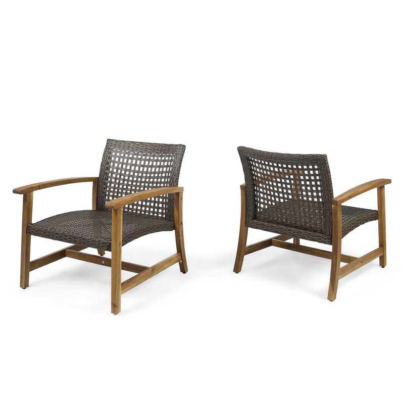 Wellard Outdoor Wood and PE Wicker Club Chairs, Natural Stained Frame/Mix Mocha Wicker