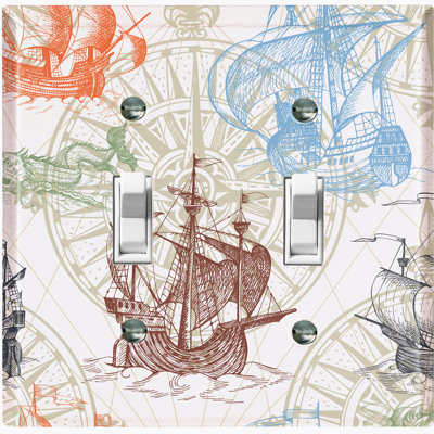 Beige Compass Adventure Sea Ships 2 - Gang Toggle Light Switch Standard Wall Plate