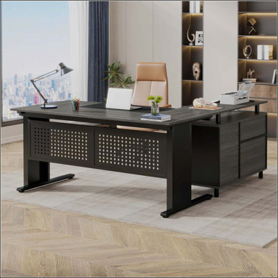 L-Shaped Executive Desk With File Cabinet, Large Modern Office Desk With Drawers, Shelves & Storage, Corner Computer Workstation For Home Office, Busi