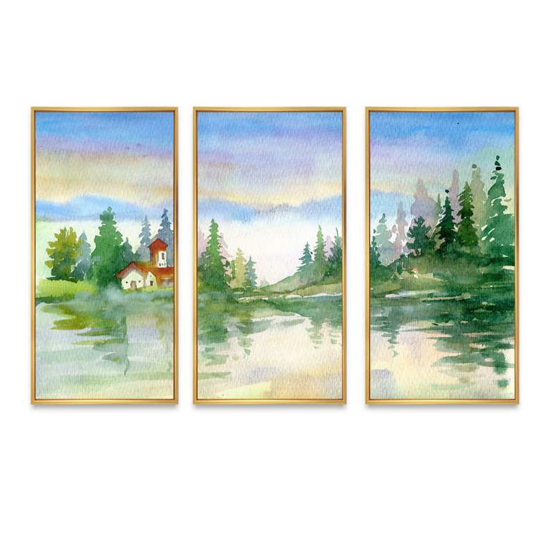 «Summer River Landscape With Green Trees», peinture sur toile 3 pièces, H 32 po x l 48 po, Cadre doré