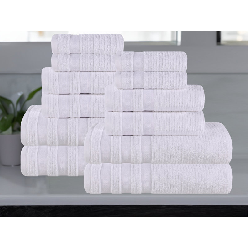 Orletta Zero Twist Cotton Ribbed Modern Geometric Border Soft Highly-Absorbent Assorted 12 Piece Bathroom Towel Set, White