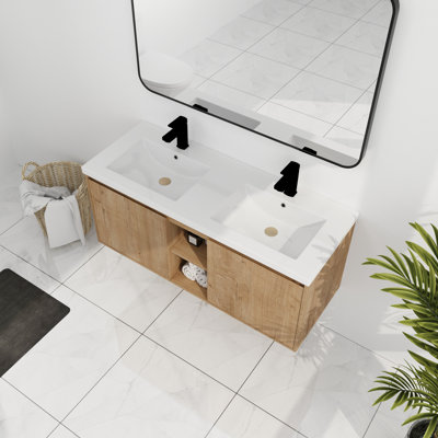 Ensemble de meuble-lavabo mural 48 po avec lavabo double - construction robuste avec porte à fermeture douce, aspect élégant, éviers doubles, conception de coquille, style contemporain