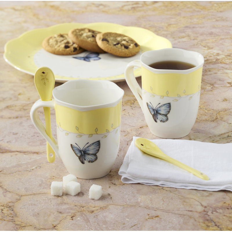 Lenox Butterfly Meadow Yellow Mugs with Spoons, Set of 2