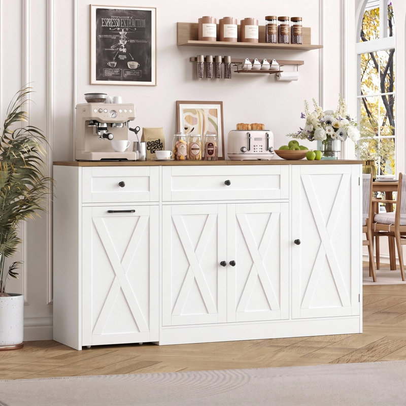 59" Sideboard with Charging Station & 2 Drawers, Brown/White