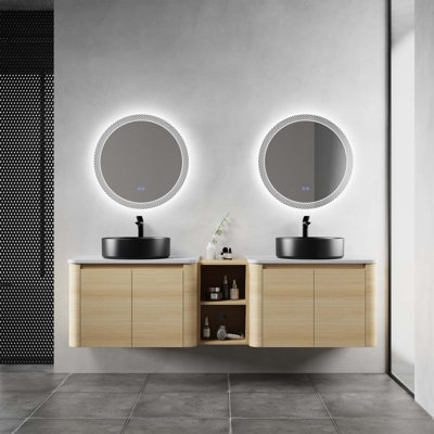Meuble-lavabo mural 72 po avec lavabo d'art en céramique, tablettes de rangement et portes à fermeture en douceur, peu encombrant et élégant