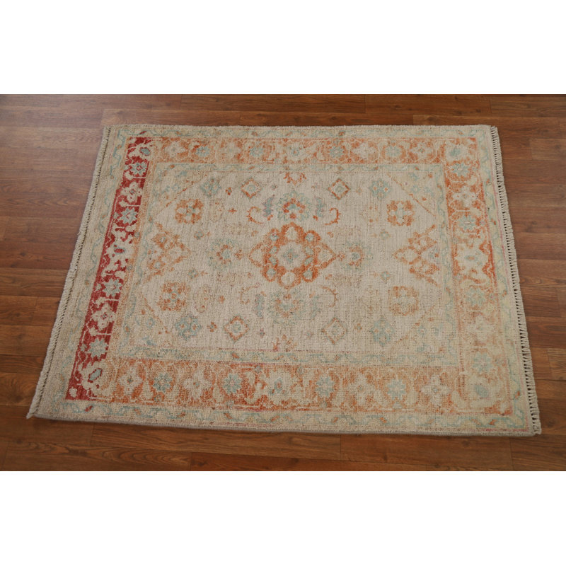 Tapis beige en laine noué à la main de conception unique 3 pi x 3 pi 11 po New Age