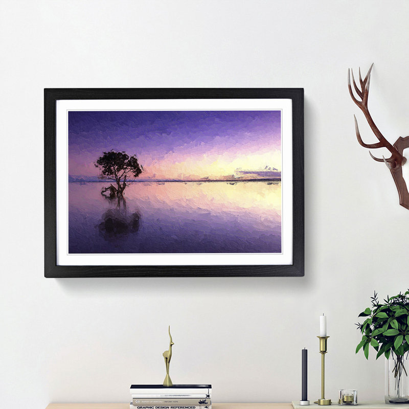 Tree Alone During a Purple Sunset in Abstract - Picture Frame Painting Print, 48cm H x 65cm W x 2cm D, Black Framed
