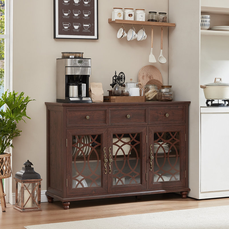 Sideboard Buffet Cabinet With Storage,48" Credenza With 3 Glass Doors & 3 Drawers,Adjustable Shelves Coffee Bar,Wood Kitchen Console Table For Dining Room,Living Room