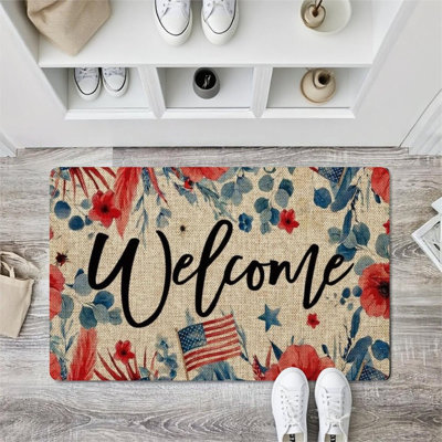 Festival Patriotic Floral Door Rug, Front Door & Terrace, 24" X 36", Retro Red Blue