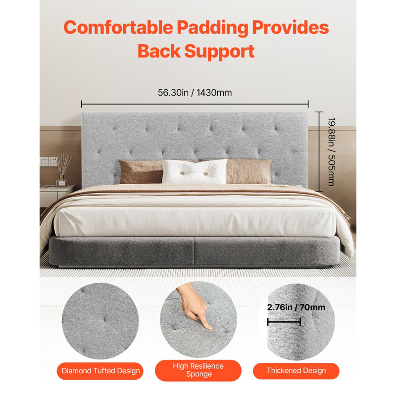 Headboard, Full Size Headboard With Adjustable Height, Comfortable Diamond Tufted For Full Size Bed, W 56.3 X H（35.6-47.4）Inches, Ideal For Bedroom, Hotel, Homestay, Dormitory, Light Grey
