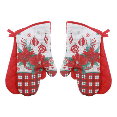 14" Oven Mitts (2Pcs) (Poinsettia W/ Ornaments) - Set Of 2