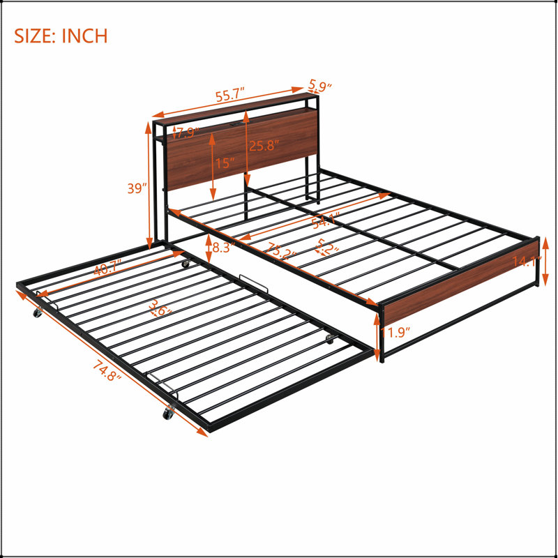 Base de lit plateforme en métal avec couchette, ports USB et support à lattes, Noir, Double