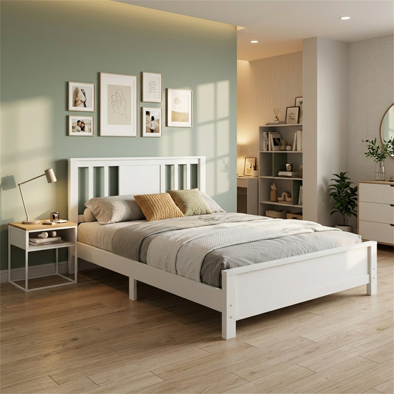 Twin-Size Bed Frame, Low-Profile Platform Bed With Headboard, No Spring Box Required, White Finish, White