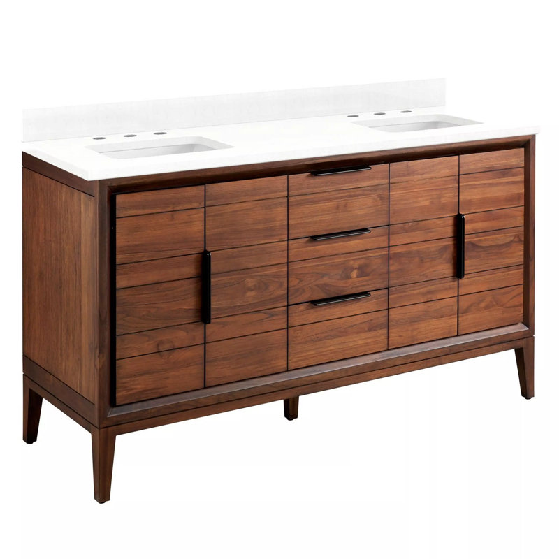 Meuble-lavabo double 60 po Aliso, 8 po, Quartz blanc plume, Café