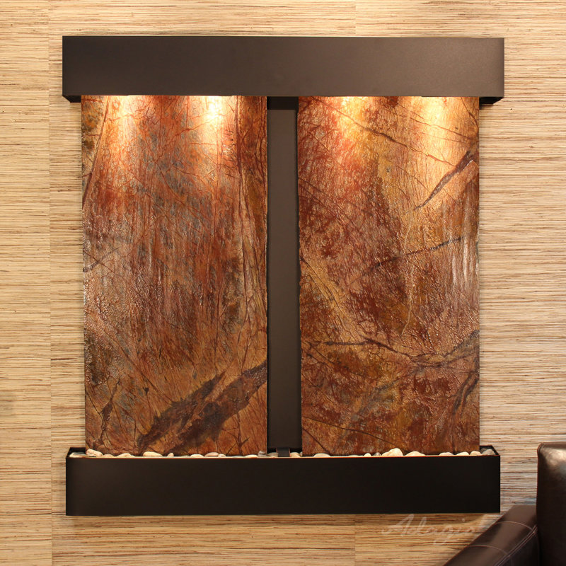 Aspen Falls Wall Fountain with Light, Blackened Copper, Rainforest Brown Marble
