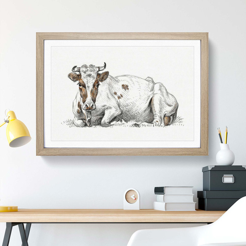 A Lying Cow by Jean Bernard - Single Picture Frame Print, Oak Framed, 45cm H x 63cm W x 2cm D