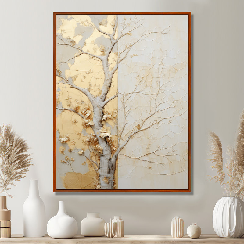 Or doré et beige, tilleul américain - art mural arbre américain, 40" H x 30" W, Gold Picture Framed