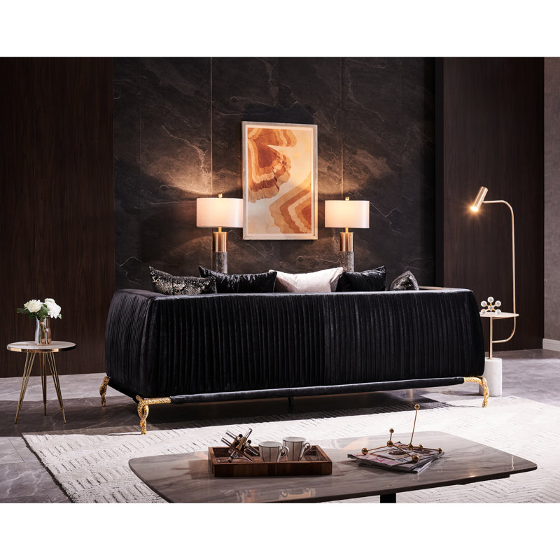 Ensemble de salon moderne - Velours revêtu de noir avec ornements ornés de coussins décoratifs élégants
