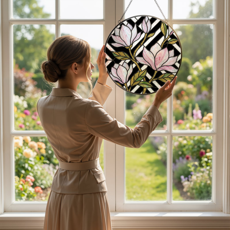 Panneau de vitrail 12 "H Magnolia, H 12 po x l 12 po 