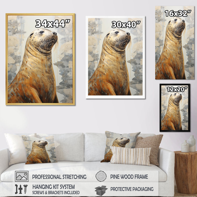 Magnifique otarie sur toile, H 40 po x l 30 po x P 1,5 po, Cadre simple noir