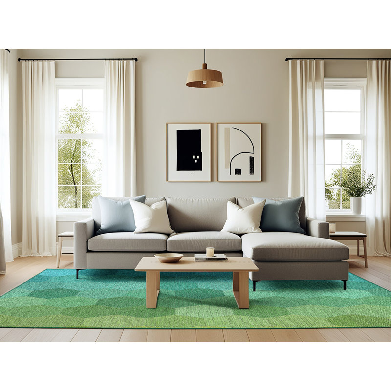 Tapis vert/jaune à motifs, Rectangle 6 pi x 9 pi