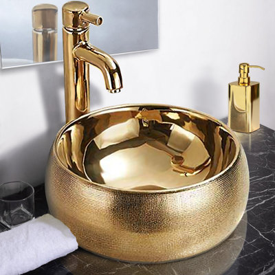 15.75'' Golden Ceramic Circular Vessel Bathroom Sink